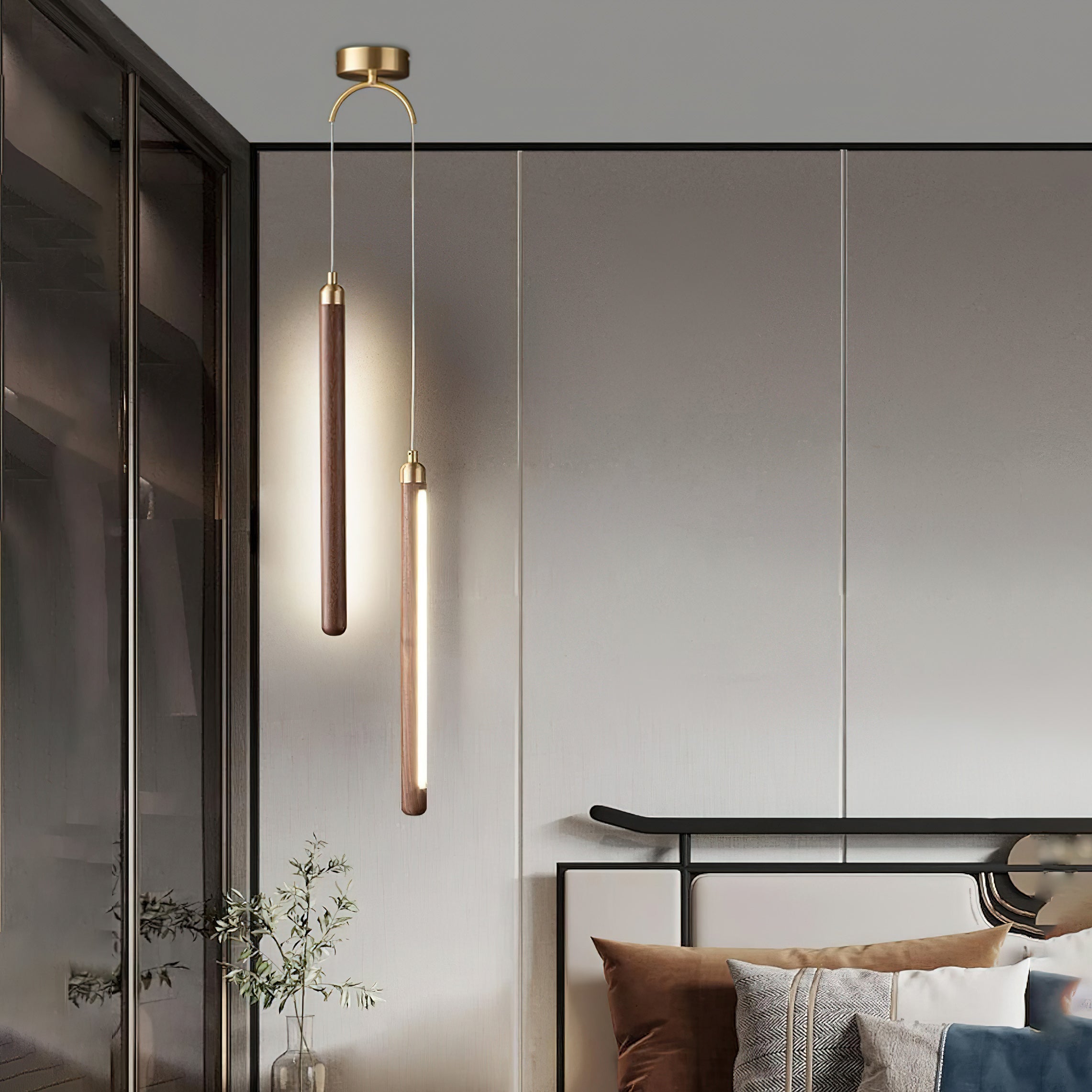 Slim Walnut & Acrylic Cylinder Pendant Light