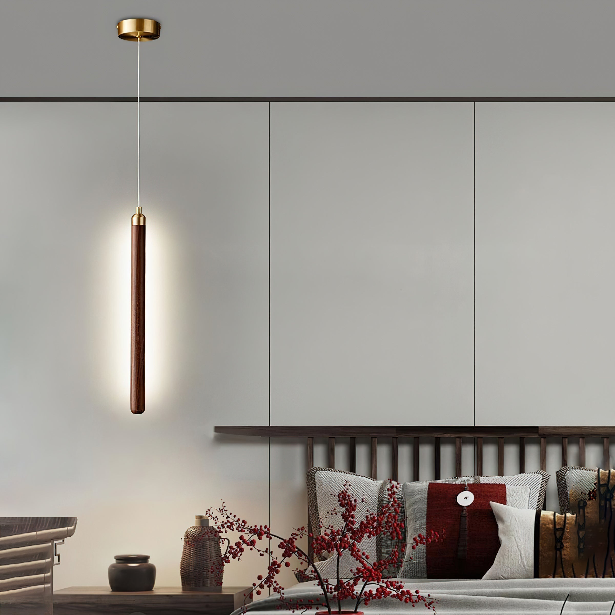 Slim Walnut & Acrylic Cylinder Pendant Light