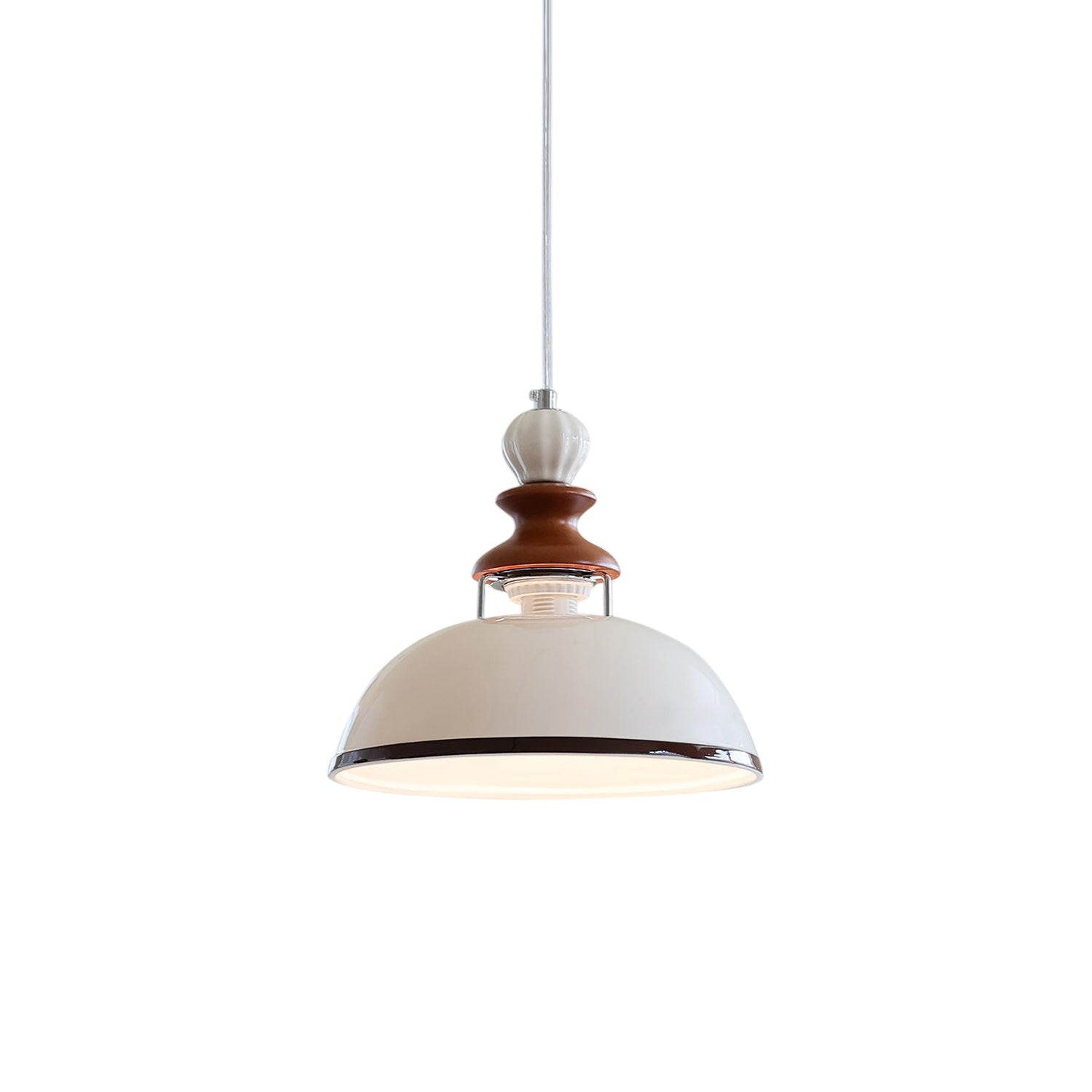 Glossy White Ceramic Dome Pendant with Oak Neck