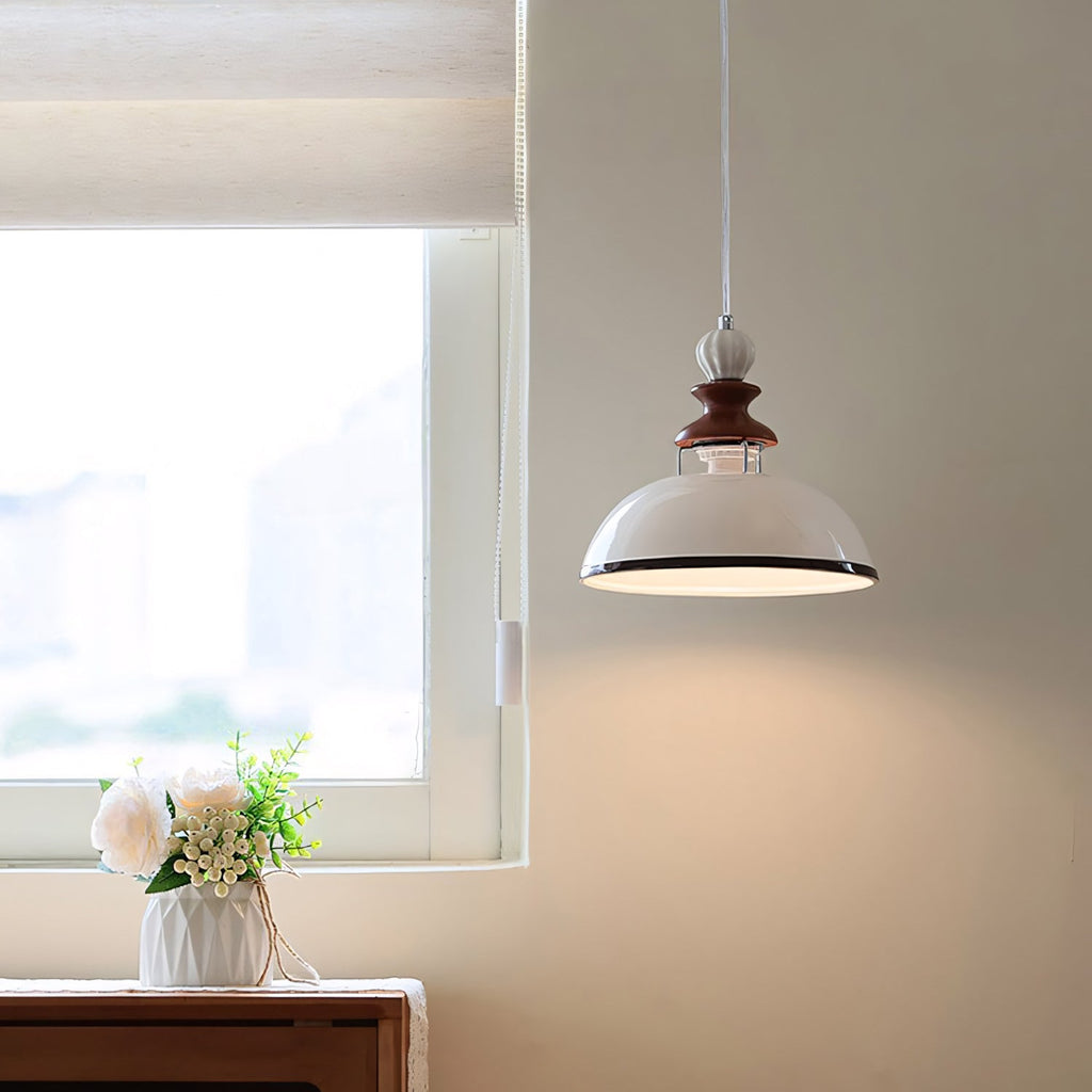 Glossy White Ceramic Dome Pendant with Oak Neck