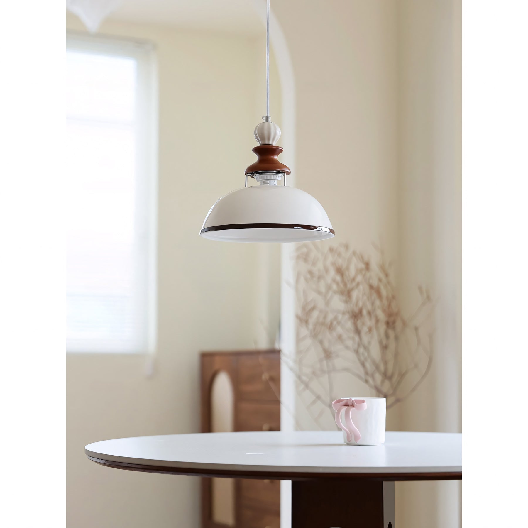 Glossy White Ceramic Dome Pendant with Oak Neck