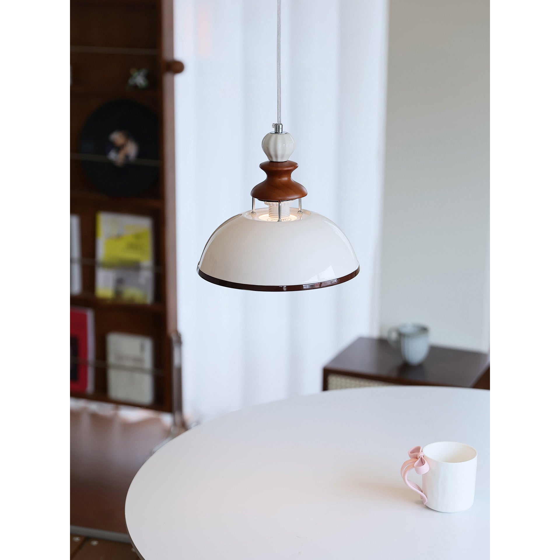 Glossy White Ceramic Dome Pendant with Oak Neck
