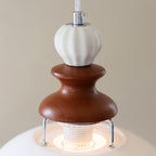 Glossy White Ceramic Dome Pendant with Oak Neck