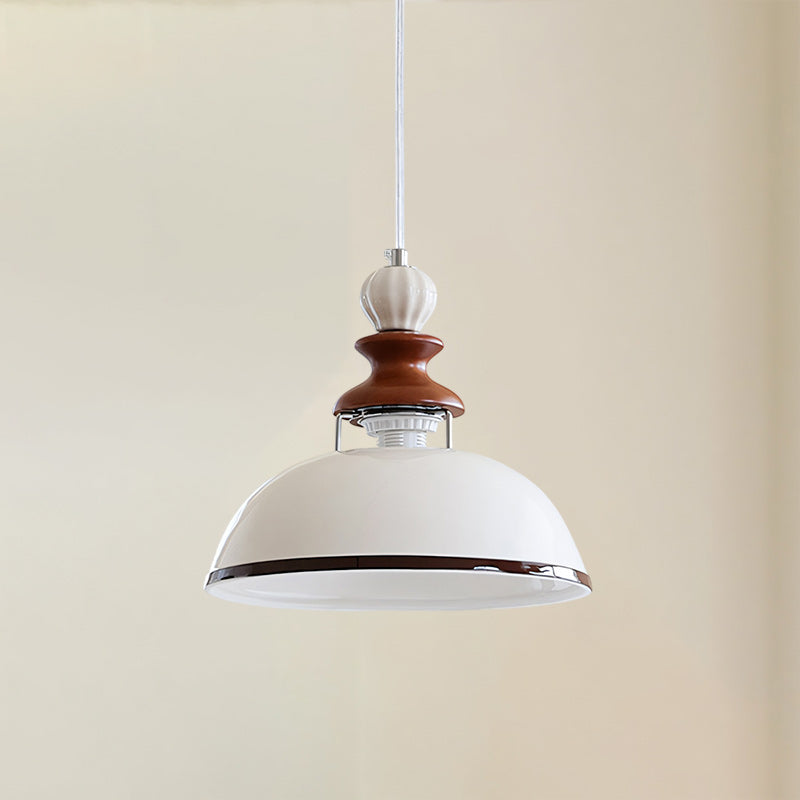 Glossy White Ceramic Dome Pendant with Oak Neck