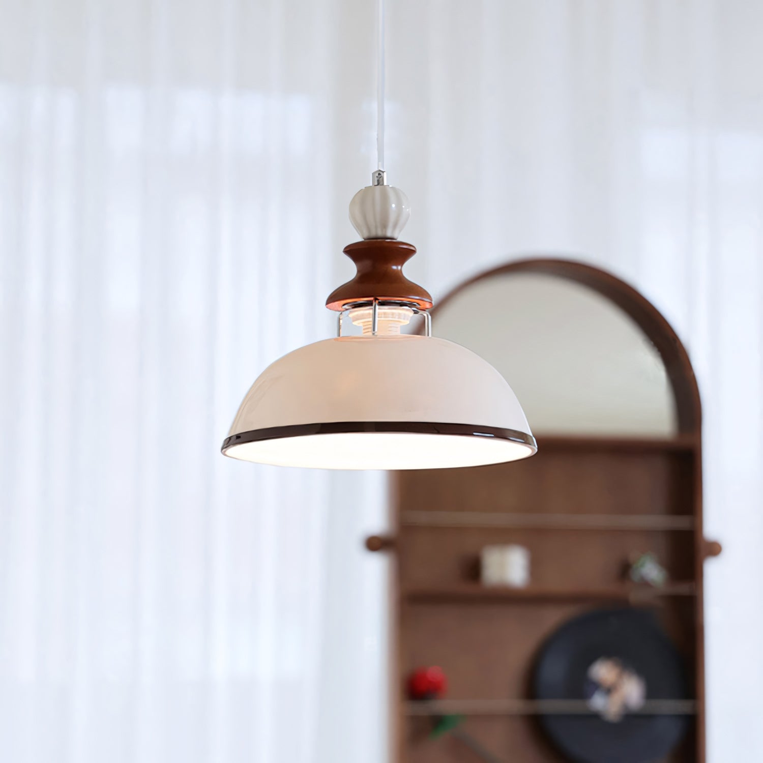 Glossy White Ceramic Dome Pendant with Oak Neck