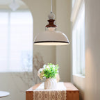Glossy White Ceramic Dome Pendant with Oak Neck