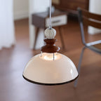 Glossy White Ceramic Dome Pendant with Oak Neck