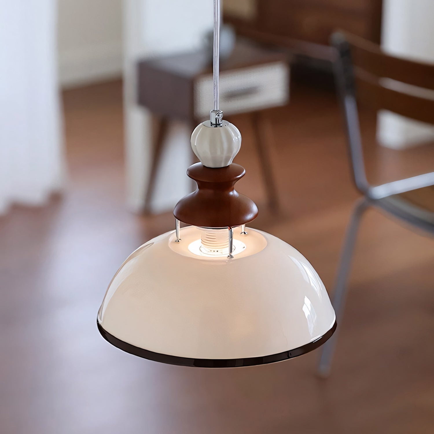 Glossy White Ceramic Dome Pendant with Oak Neck