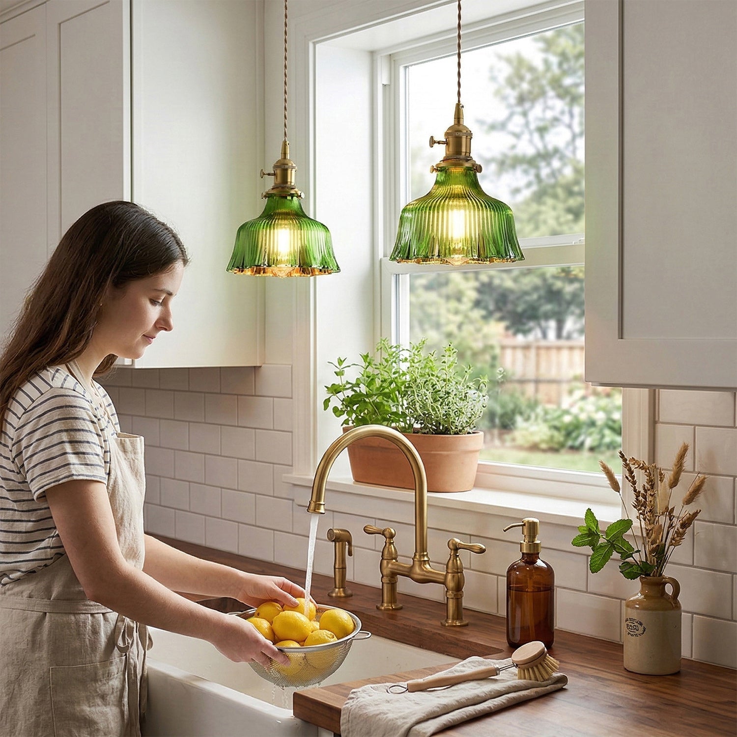 Electroplated Green Glass Pendant Light — Copper