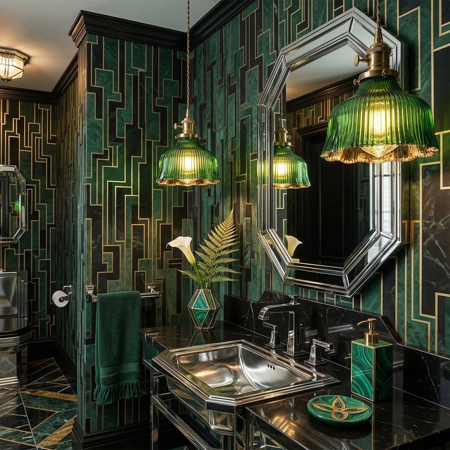 Electroplated Green Glass Pendant Light — Copper