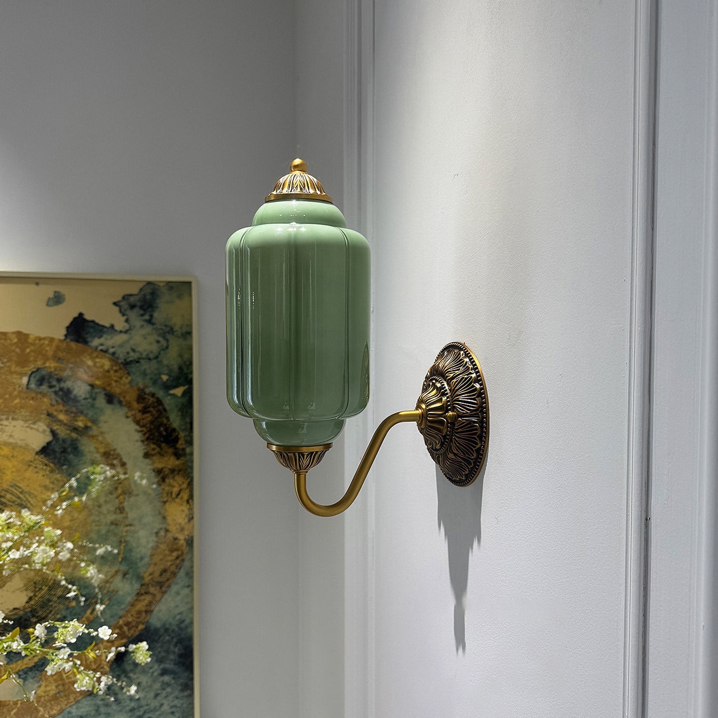 Fluted Melon-Glass Gooseneck Wall Sconce