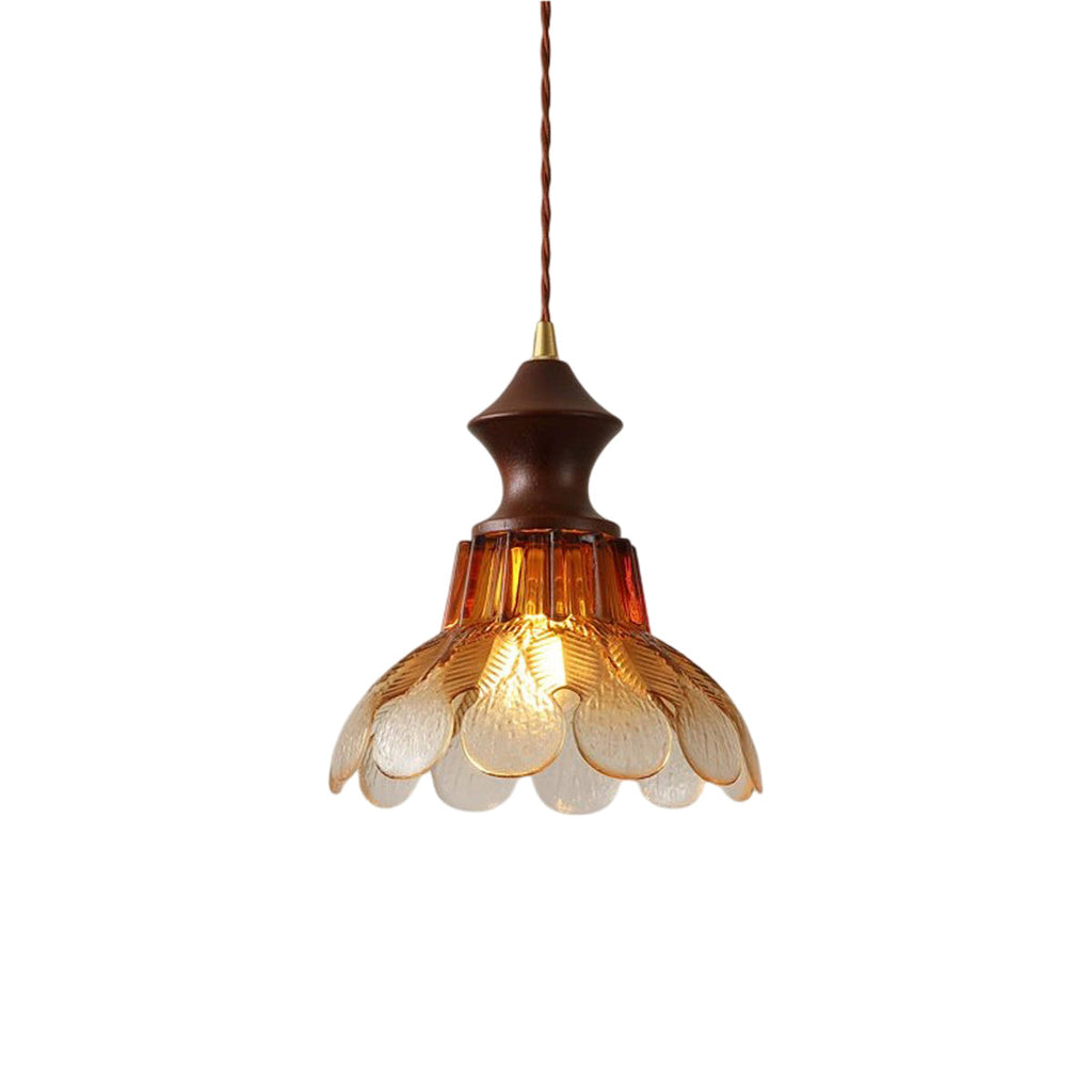 Amber Glass Flower Pendant Light with Wood