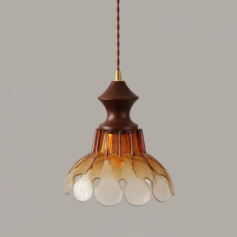 Amber Glass Flower Pendant Light with Wood