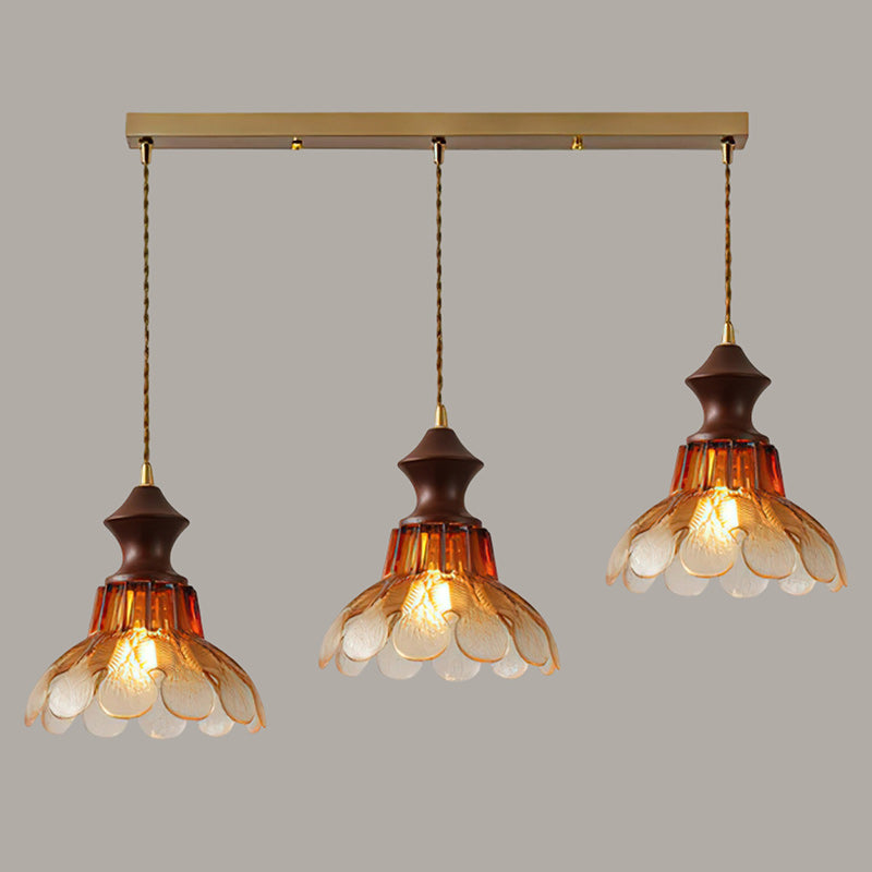 Amber Glass Flower Pendant Light with Wood