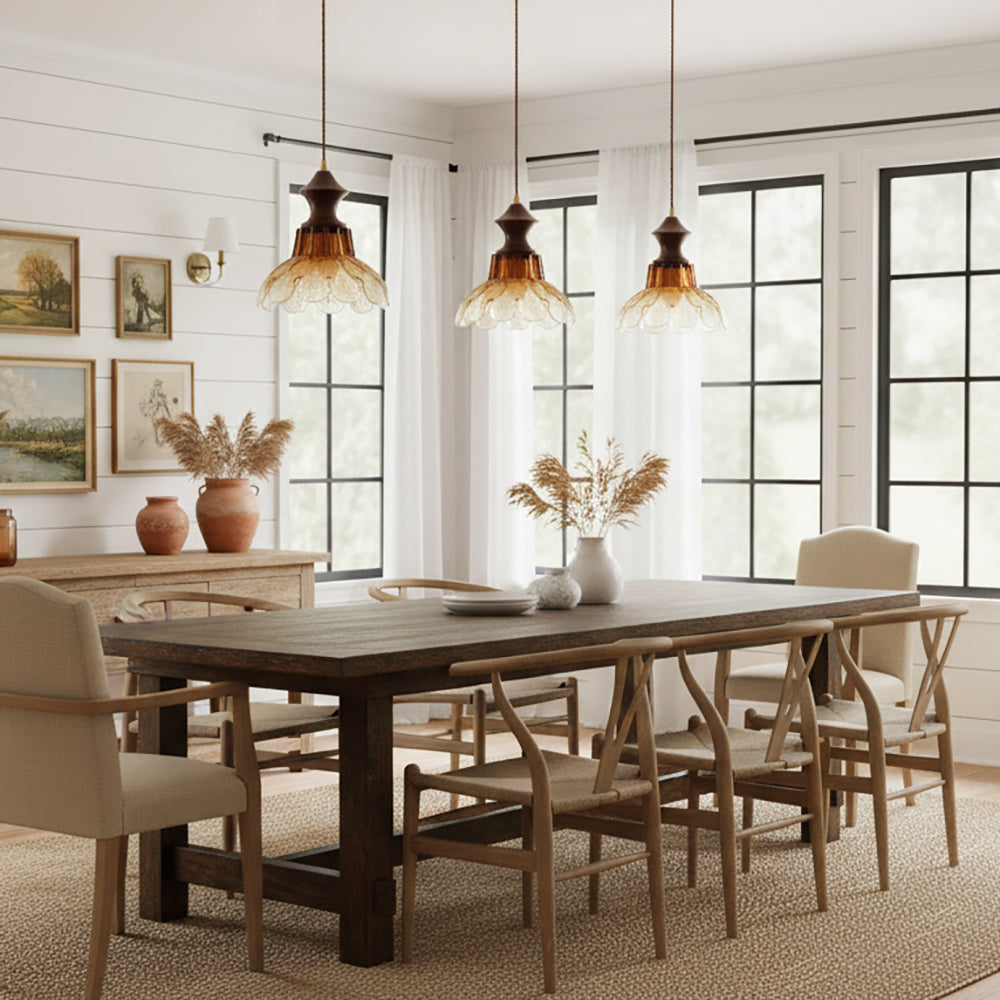 Amber Glass Flower Pendant Light with Wood