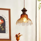 Amber Glass Flower Pendant Light with Wood