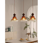Amber Glass Flower Pendant Light with Wood
