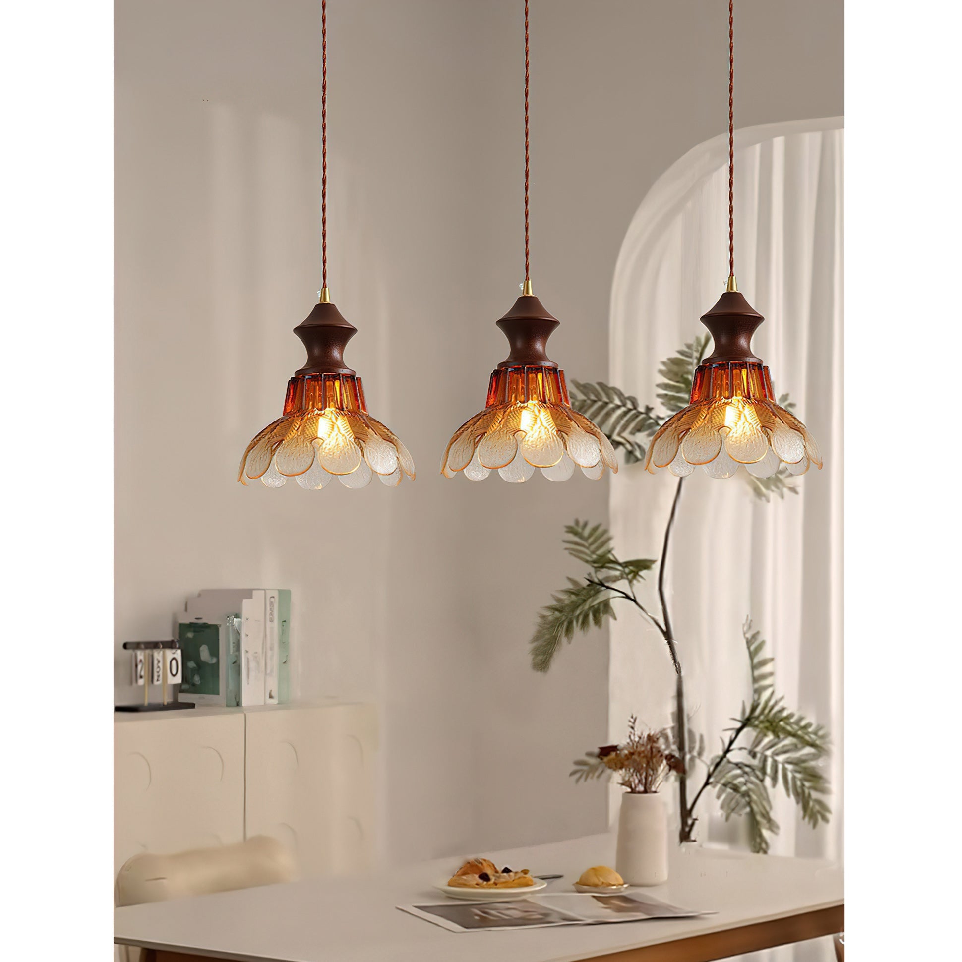 Amber Glass Flower Pendant Light with Wood