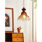 Amber Glass Flower Pendant Light with Wood