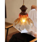 Amber Glass Flower Pendant Light with Wood