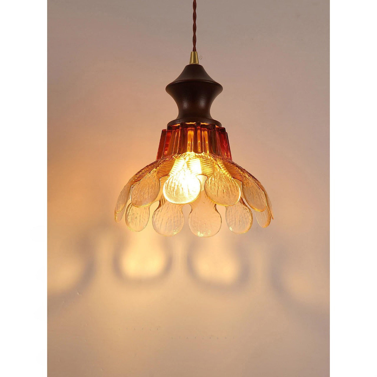 Amber Glass Flower Pendant Light with Wood