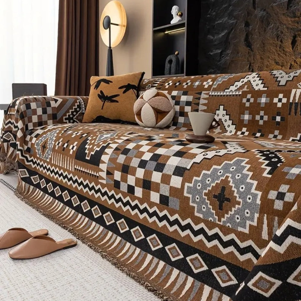 EthnoNest: Nomadic-Style Sofa Cover Made of High-Quality Chenille with Artistic Boho Pattern – for Sofa and Living Area