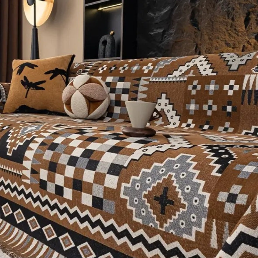 EthnoNest: Nomadic-Style Sofa Cover Made of High-Quality Chenille with Artistic Boho Pattern – for Sofa and Living Area