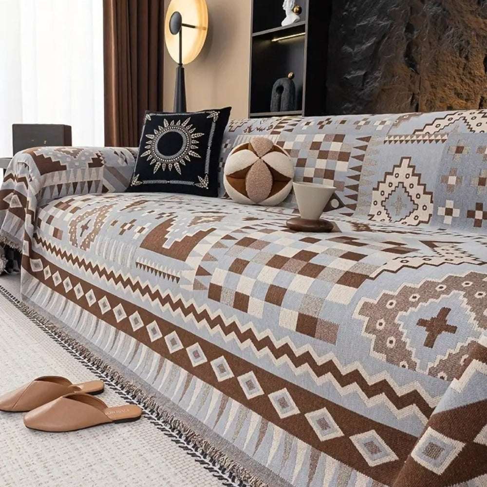 EthnoNest: Nomadic-Style Sofa Cover Made of High-Quality Chenille with Artistic Boho Pattern – for Sofa and Living Area