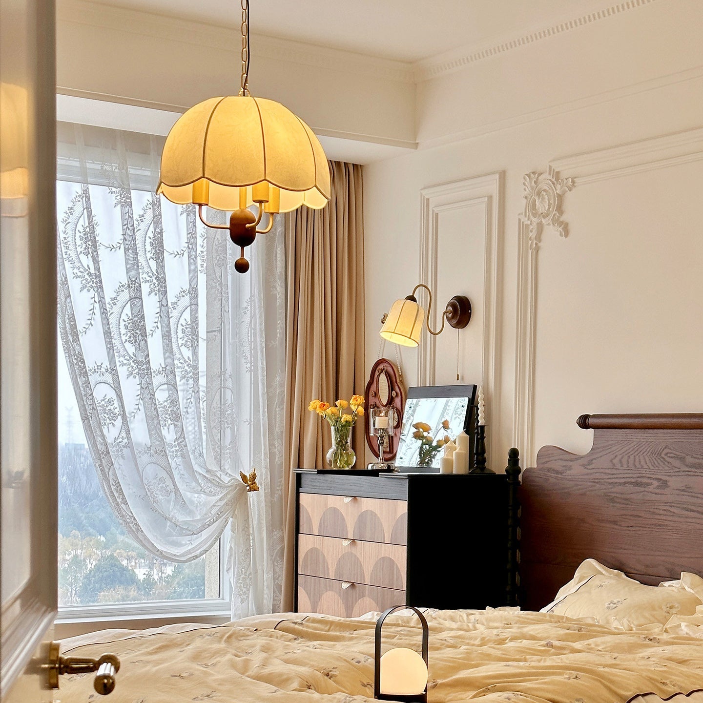 Scalloped Cream Fabric Dome Pendant Light