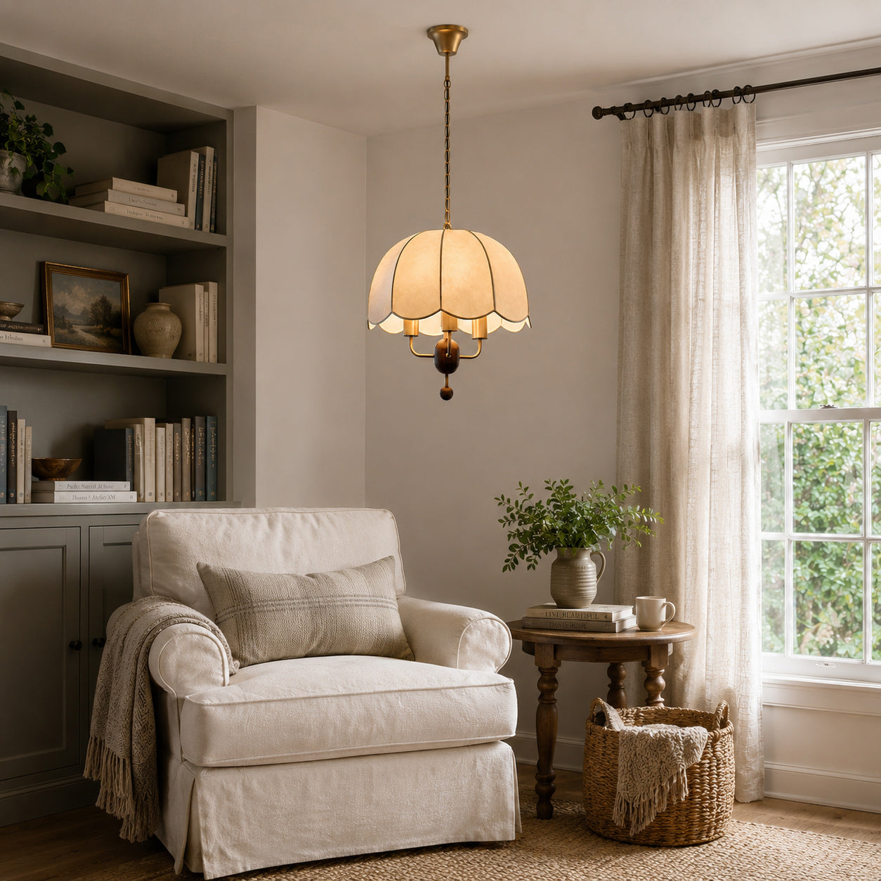 Scalloped Cream Fabric Dome Pendant Light