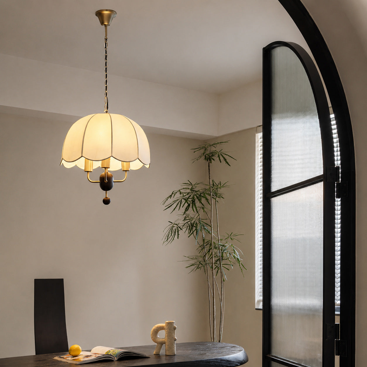 Scalloped Cream Fabric Dome Pendant Light