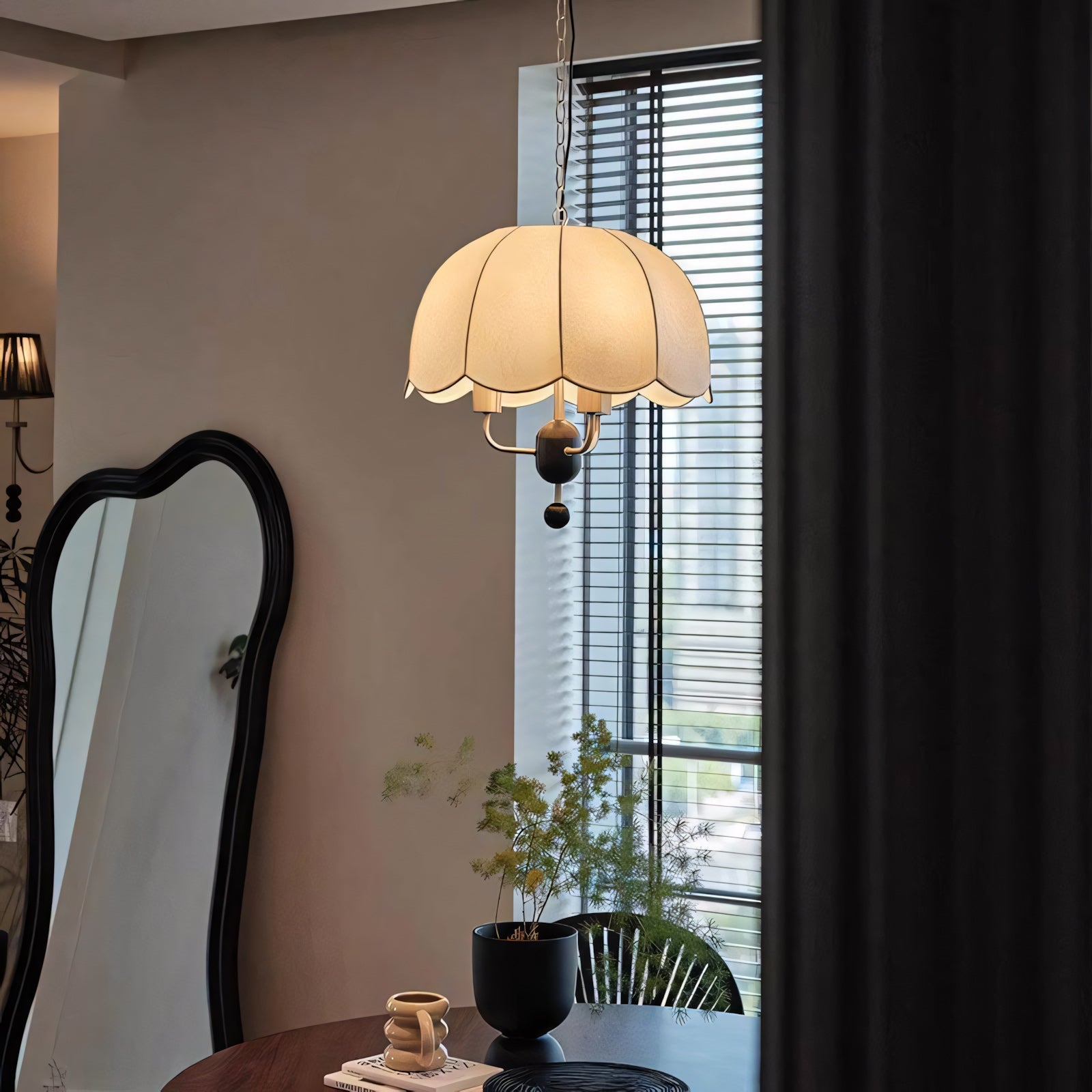 Scalloped Cream Fabric Dome Pendant Light