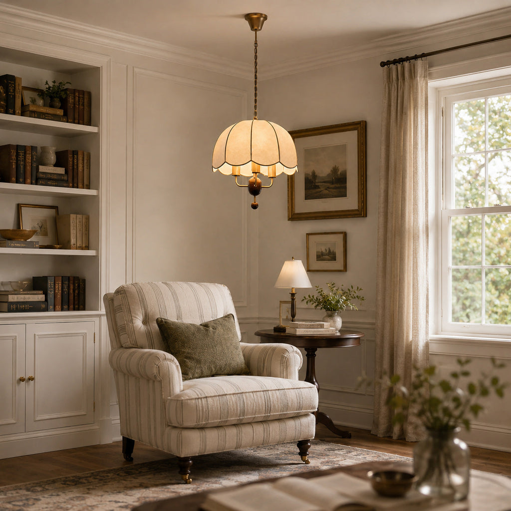 Scalloped Cream Fabric Dome Pendant Light