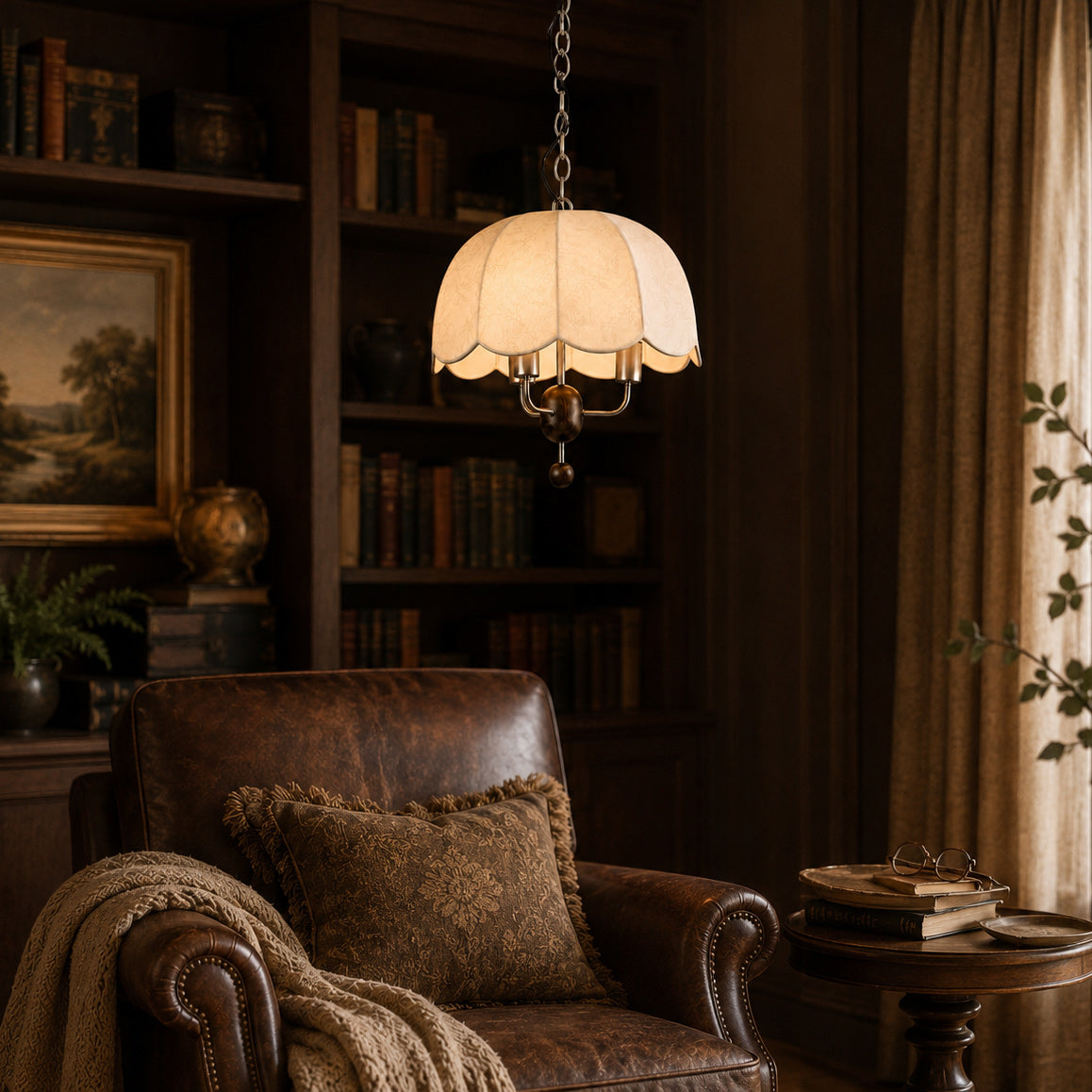 Scalloped Cream Fabric Dome Pendant Light