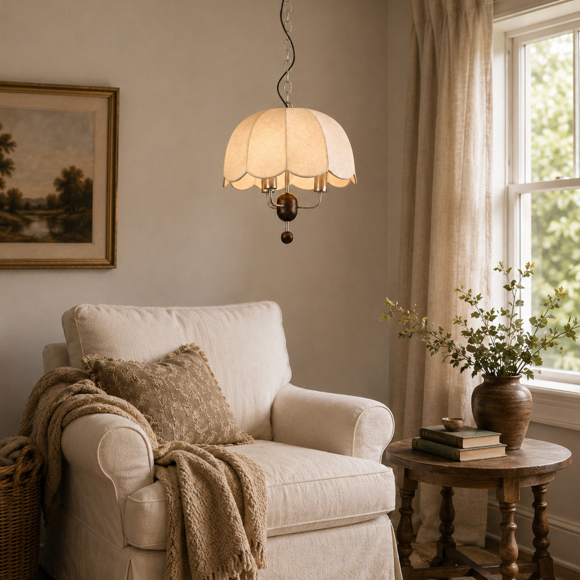 Scalloped Cream Fabric Dome Pendant Light