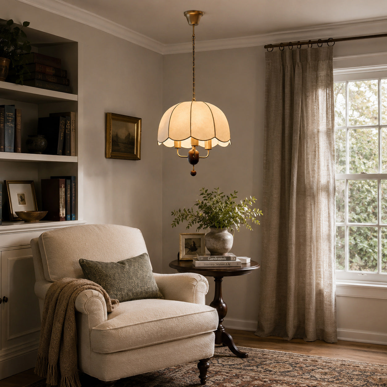 Scalloped Cream Fabric Dome Pendant Light