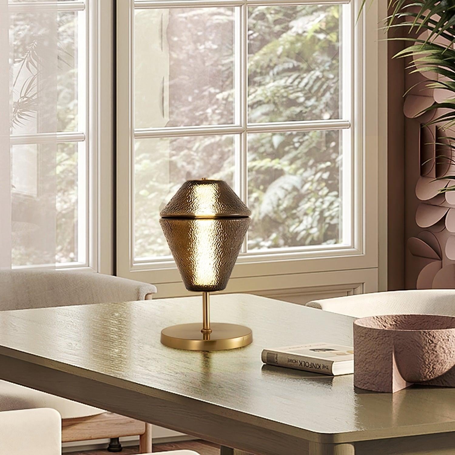 Tinted Glass Table Lamp with Copper Base