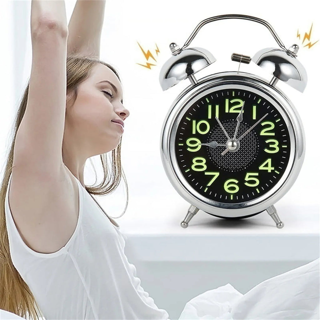 Extra Loud Retro Twin Bell Alarm Clock for Heavy Sleepers with Silent Quartz Movement and Night Light – Metal Case