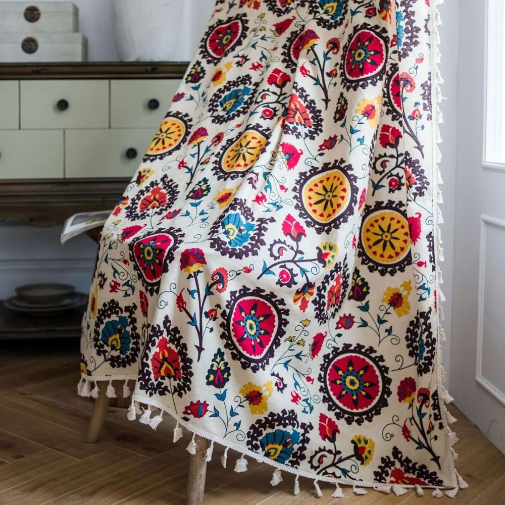 ColorBloom: Boho-Style Curtain with Floral Pattern & Tassels – Decorative & Light-Filtering for Living Room