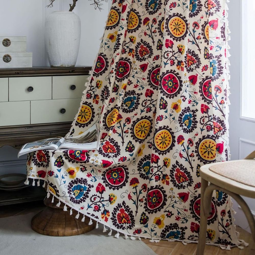 ColorBloom: Boho-Style Curtain with Floral Pattern & Tassels – Decorative & Light-Filtering for Living Room