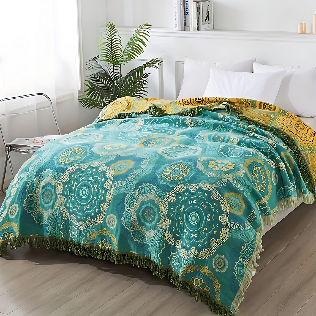 Color Mandala: Breathable Cotton Blanket with Teal-Gold Pattern & Boho Style – for Couch & Bed