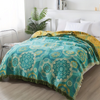 Color Mandala: Breathable Cotton Blanket with Teal-Gold Pattern & Boho Style – for Couch & Bed
