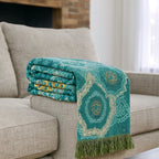 Color Mandala: Breathable Cotton Blanket with Teal-Gold Pattern & Boho Style – for Couch & Bed
