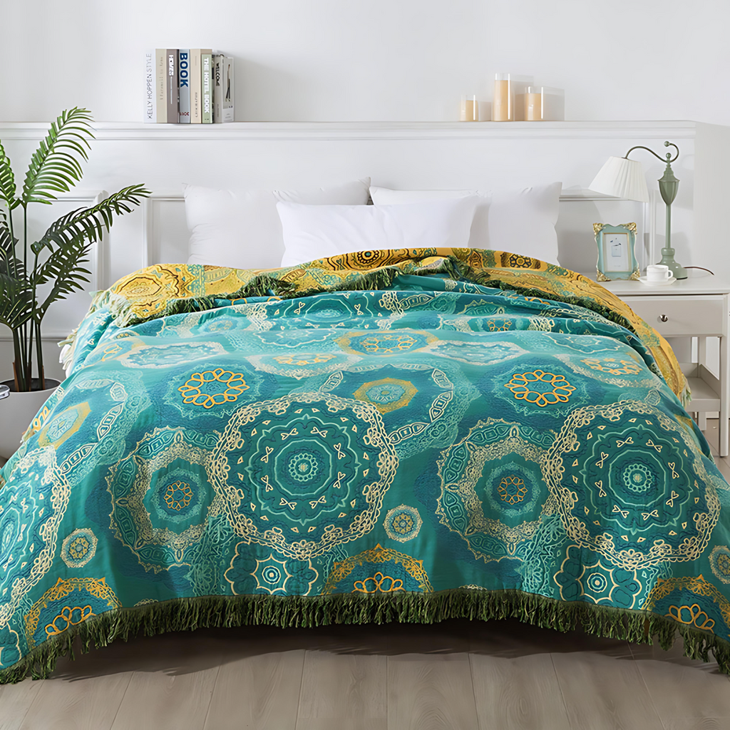 Color Mandala: Breathable Cotton Blanket with Teal-Gold Pattern & Boho Style – for Couch & Bed