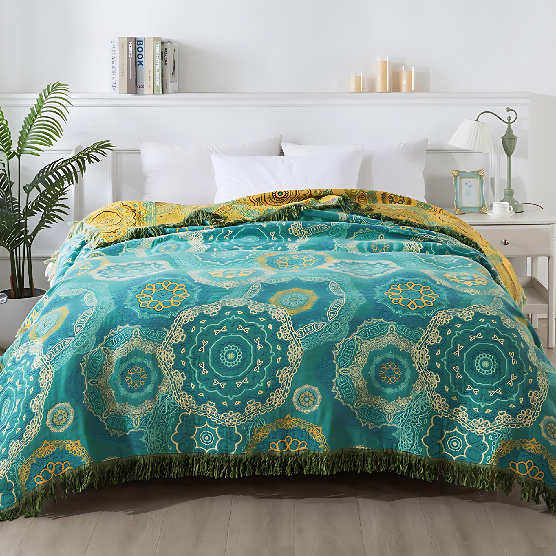 Color Mandala: Breathable Cotton Blanket with Teal-Gold Pattern & Boho Style – for Couch & Bed