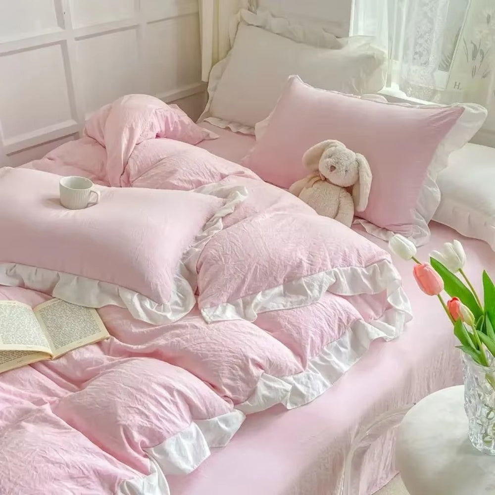 FairyDream: Checked Duvet Cover Set – Skin-Friendly, Easy-Care & Playful with Princess Ruffles for the Bedroom