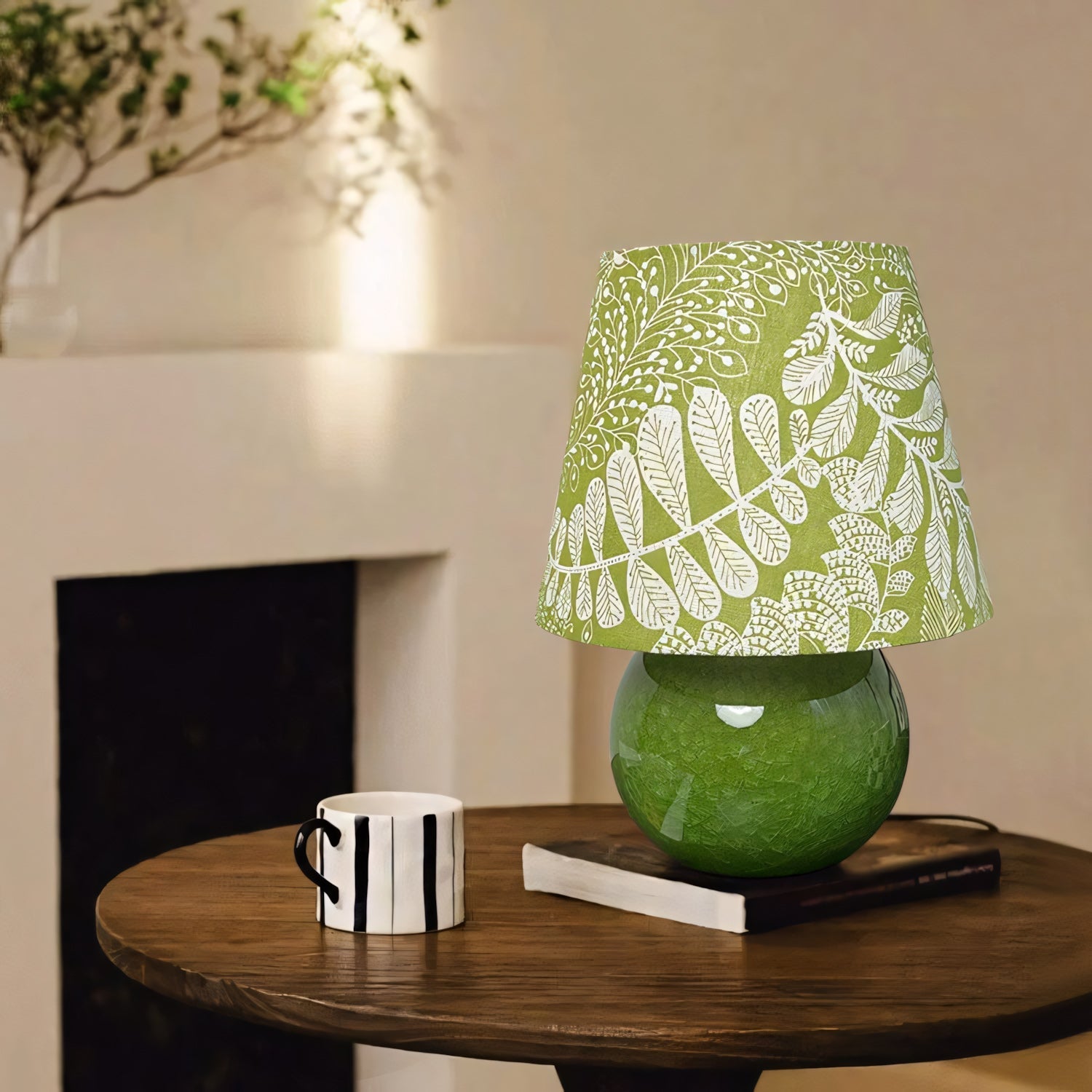 Moss Green Ceramic Table Lamp with Botanical Shade