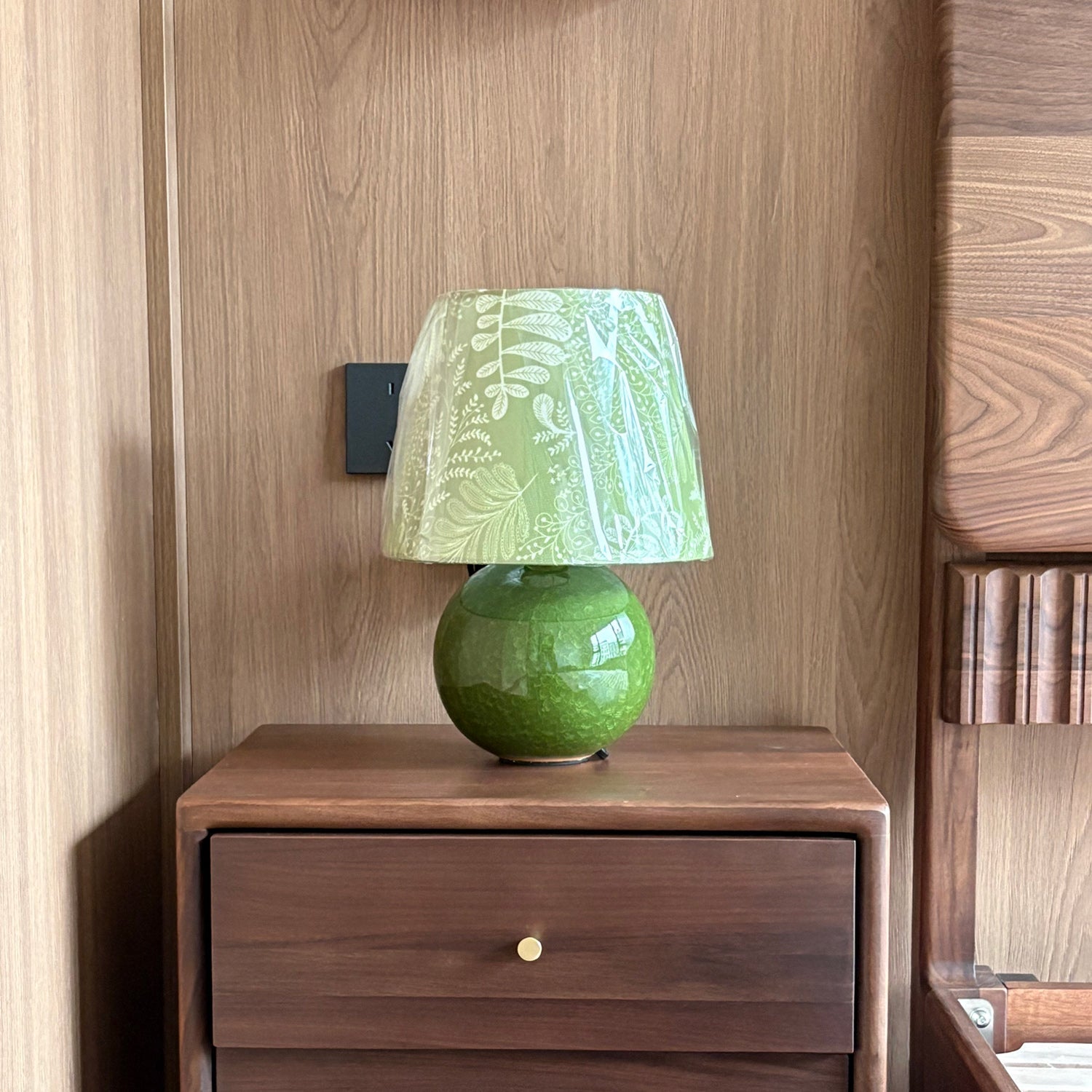 Moss Green Ceramic Table Lamp with Botanical Shade