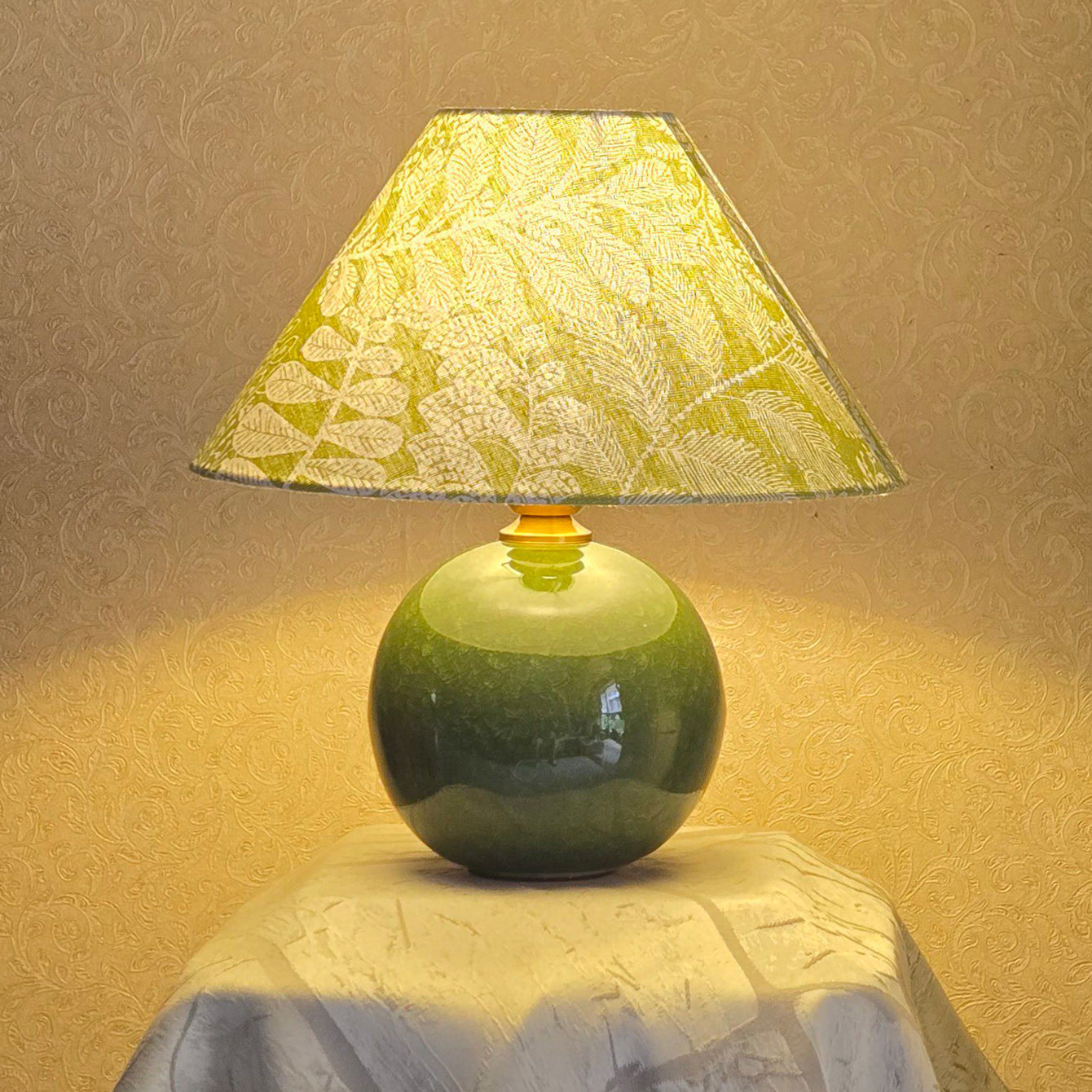 Moss Green Ceramic Table Lamp with Botanical Shade
