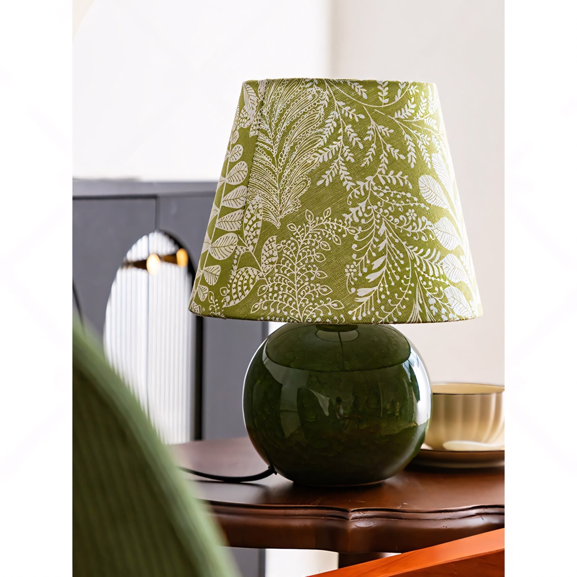 Moss Green Ceramic Table Lamp with Botanical Shade